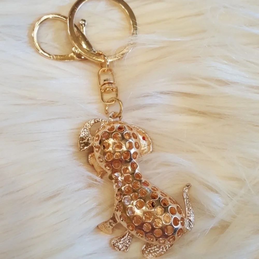 ROSEGOLD RED PINK YELLOW BLING DOG WITH RED TONQUE‎ PUPPY KEYCHAIN